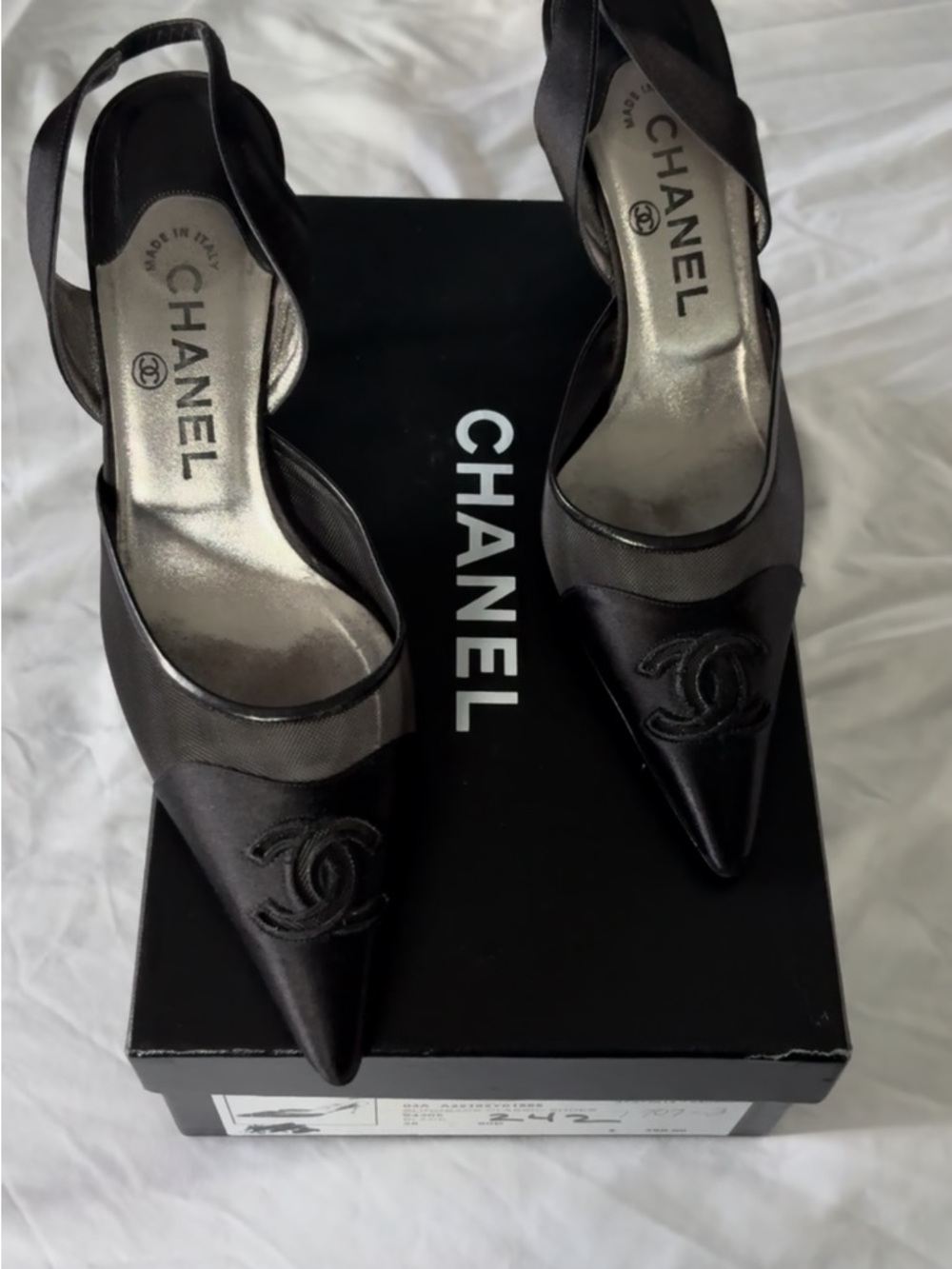RARE Vintage CHANEL Black Satin Pointed Toe CC Slingback Heels